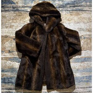 Vintage Career Originals Faux Fur Coat – Brown Hooded Winter Jacket – Size 16 –